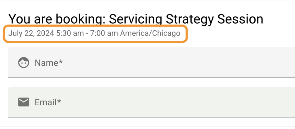 Start and End Times highlighted on the booking form page.