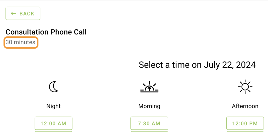 The appointment type duration for date and time screens