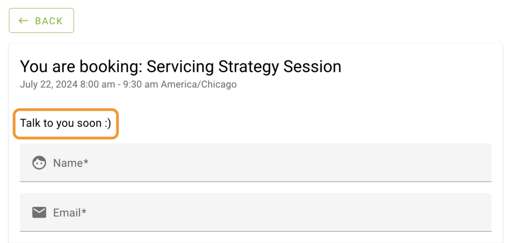"talk to you soon" instructions are highlighted on the booking form page.