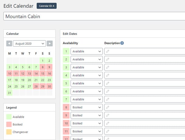 The WP Simply Booking Calendar WordPres Settings screen