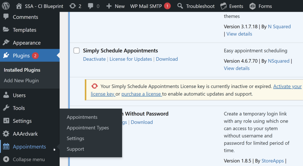 Access the SSA's Appointment's tab from WP Backend